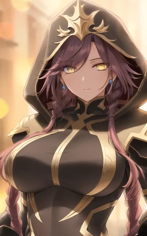 ((fate style)), ((yellow eyes)), long dark red hair, ((double braid hair)), ((asymmetrical bangs)),  ((strong elegant body)), mature female, (dark hooded assasin clothes), jewelry, medium breast,  goddess of death
(beautiful detailed eyes:1.7), beautiful detailed symmetrical face, detailed hair, detailed fingers and hands, detailed body, detailed and intricate, hypermaximalist, hyper realistic, super detailed, looking at the viewer, dynamic pose, body focus
(((masterpiece))), (((best quality))), illustration, artstation, rim light, Alembert Oclusion, SSAO, Bokeh, Cinematic, Golden Hour, Depth of Field, DOF, Vignette, Anti-Aliasing
( jang-sung-rak-style:1.025)