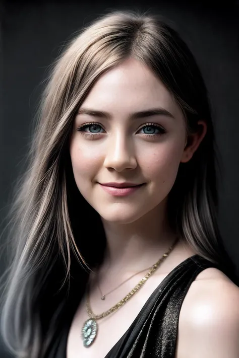 SaoirseR_SoloTI_v1, a woman, perfect hair, posing, (vintage photo, tunic), (closeup portrait), necklace, 24mm, (tintype), (analog, cinematic, film grain:1.3), ((plaing Charcoal Gray background, gradient)), ((detailed eyes)), smiling, <lora:add_detail:0.6>, <lora:LowRa:0.2>