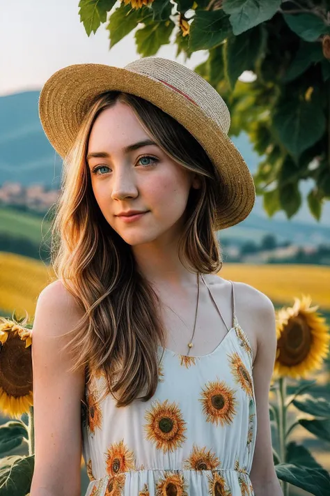 SaoirseR_SoloTI_v1, a beautiful woman, perfect hair, (modern photo,Flowy sundress in vibrant floral print, straw hat, woven sandals:1.1), closeup portrait, 85mm, (analog, cinematic, film grain, hazy atmosphere:1.3), (( Rolling hills of Tuscany backdrop, sunflower fields, vineyards, and charming Italian villas, evoking the warm and picturesque ambiance of the Tuscan countryside during summer:1.2)), detailed eyes, (seductive), (cinematic shot:1.3), <lora:add_detail:0.6>, <lora:LowRa:0.3>