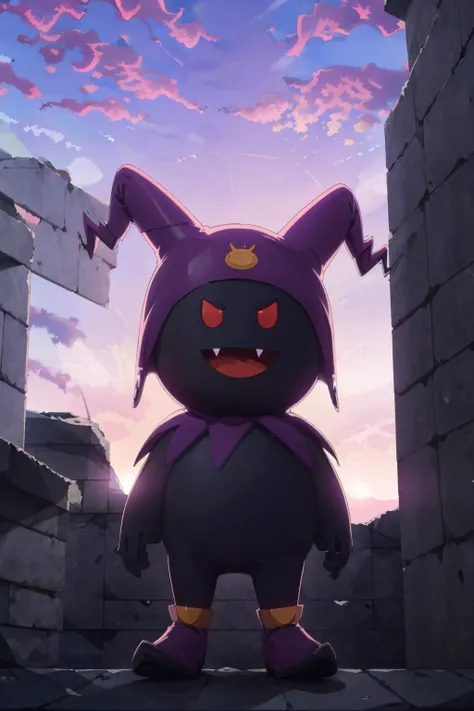 masterpiece, best quality, solo, looking at viewer, <lora:Black-Frost_Fp:1>, blackfrost, (no humans:1.6), pokemon \(creature\), :p, purple footwear, <lora:FE3H S Rank:1>, sunset, sky, clouds, standing,
