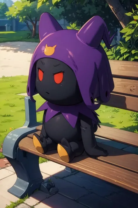masterpiece, best quality, solo, looking at viewer, <lora:Black-Frost_Fp:0.9>, blackfrost, (no humans:1.6), pokemon \(creature\), sitting, bench, chibi