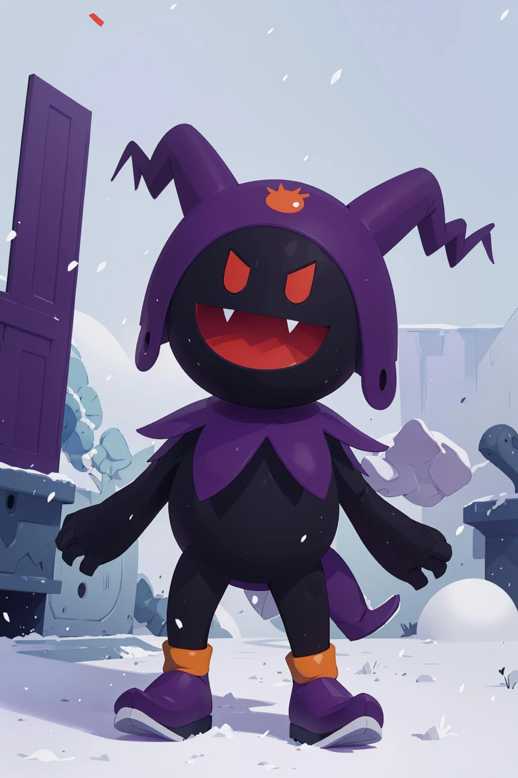 masterpiece, best quality, solo, looking at viewer, <lora:Black-Frost_Fp:1>, blackfrost, (no humans:1.6), pokemon \(creature\), standing, :p, purple footwear, snowing,