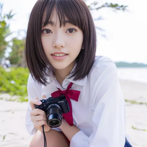 (realistic:1.2), (best quality:1.4), (masterpiece:1.2), (ultra highres:1.2), (photorealistic:1.4), (8k, RAW photo:1.2)
1girl, smile, looking at viewer, school uniform, white shirt, red bow, holding camera, blurry background, beach, tree <lora:jprena_v1:1>