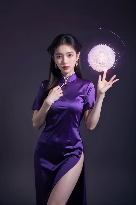 highres, 8k, absurdres, solo, 1girl, SpiderPig,  (looking at viewer:1.1), earrings, simple background, <lora:JP_Girl-000011:0.1>, Traditional Chinese clothes,  (purple electricity:1.4), purple aura, dark purple lightning, (condense energy:1.3) in her hands, energy ball
 <lora:lightning_v1:0.4>