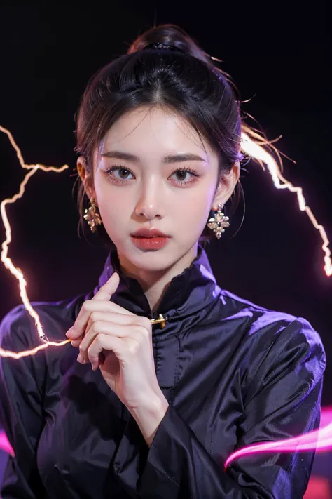 highres, 8k, absurdres, solo, 1girl, SpiderPig, (looking at viewer:1.1), earrings, simple background, <lora:JP_Girl-000011:0.1>, Traditional Chinese clothes, (purple electricity:1.4), purple aura, dark purple lightning, (condense energy:1.3) in her hands, energy ball
<lora:lightning_v1:0.4>