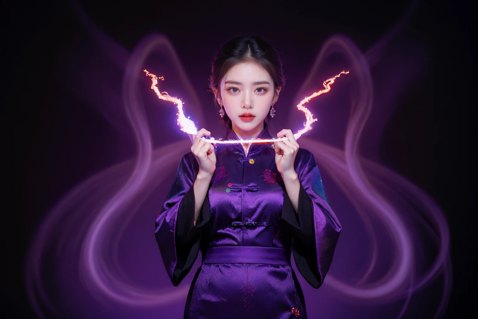 highres, 8k, absurdres, solo, 1girl, SpiderPig, (looking at viewer:1.1), earrings, simple background, <lora:JP_Girl-000011:0.1>, Traditional Chinese clothes, (purple electricity:1.4), (purple aura:1.5), (dark purple lightning:1.4), (condense energy:1.3) in her hands, energy ball, intensive energy,
<lora:lightning_v1:0.4>