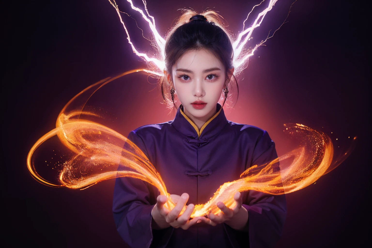 highres, 8k, absurdres, solo, 1girl, SpiderPig, (looking at viewer:1.1), earrings, simple background, <lora:JP_Girl-000011:0.1>, Traditional Chinese clothes, (purple electricity:1.4), (purple aura:1.5), (dark purple lightning:1.4), (condense energy:1.3) in her hands, energy ball, intensive energy,
<lora:lightning_v1:0.4>