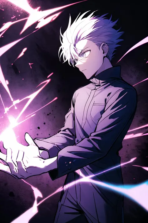 <lora:lightning_v1:0.6>,1boy,cowboy shot,purple electricity,purple aura,purple lightning,condense energy in his hands,