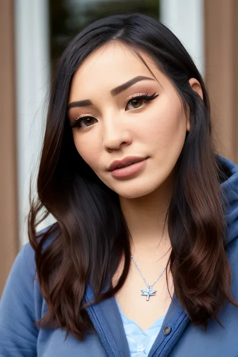 RAW photo, a woman, laurenchen, upper body, blue hoodie, (1girl), (realistic), (photo-realistic:1.5), inside a car, driving, lipstick, dark hair, long hair, necklace, (RAW photo, 8k uhd, film grain), Sharp Eyeliner, Blush Eyeshadow With Thick Eyelashes, extremely delicate and beautiful, 8k, soft lighting, high quality, highres, sharp focus, extremely detailed, during the day, (sunlight on face), beautiful detailed eyes, extremely detailed eyes and face, masterpiece, cinematic lighting, (high detailed skin:1.2), 8k uhd, dslr, soft lighting, high quality, film grain, Fujifilm XT3 <lora:LaurenChen:1>