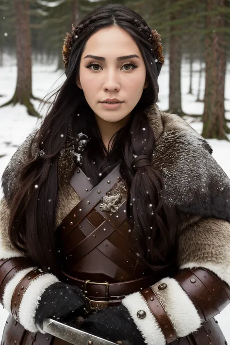 portrait painting of 1girl as nordic viking warrior, 1girl, laurenchen, dark hair, long hair,  brown eyes, wearing viking armor,detailed skin, fantasy, snowy nordic forest, modelshoot style, (extremely detailed CG), photo of beautiful artwork, (Antonio Moro), (Jeremy Mann), High Detail, Sharp focus, dramatic, oil painting, realistic  <lora:LaurenChen:1>