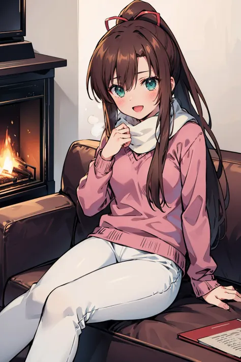 masterpiece, best quality, <lora:kirasakasayaka-nvwls-v1-000009:0.9> kirasaka sayaka, ponytail, hair ribbon, red sweater, fur trim, scarf, fur pants, white pants, couch, sitting, :D, fireplace, looking at viewer