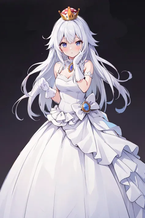 (masterpiece, best quality),  intricate details,
1girl,   
 <lora:Boosette_Mario_Anime:0.8> Boosette_Mario, , long hair, white hair, long white dress, ballroom dress, white gloves, ,