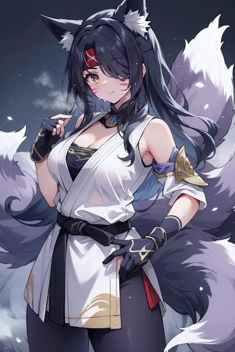 (masterpiece, best quality),  intricate details,
1girl,   <lora:AhriCoven:0.6> IncrsAhriCoven, facial mark, hair over one eye, fox tail, multiple tails,  
 <lora:Dougi2-10:0.8> white dougi, martial arts belt, gloves, headband, dojo, sweating, cleavage, boob sweat,