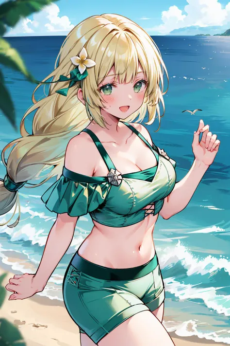 masterpiece, best quality,  <lora:ingrid-nvwls-v2-000009:0.9> sumingrid, bangs, hair flower, hair ornament, braided ponytail, cleavage, green bikini, off-shoulder, green shorts, green bow, large breasts, looking at viewer, smile, beach, ocean, running, from side, :D