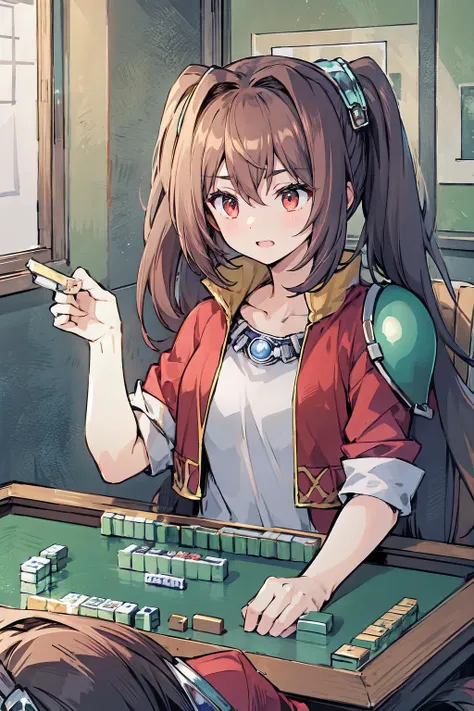 fcEstelle, red jacket, blue shoulder pad, white shirt, <lora:Char_OC_EstelleBright:1>, Mahjong, green table, chair, sitting, <lora:Pos_Mahjong:1>