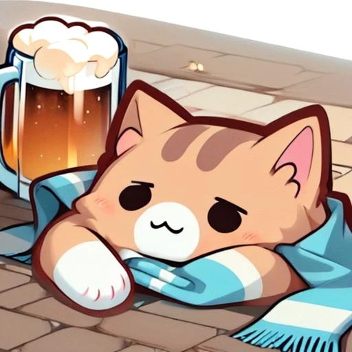 (masterpiece, best quality:1.2),animal focus,no humans,nekoemoji,cat,beer,drunk,laying on ground,blue scarf,<lora:discord_nekonekonekone:1>,