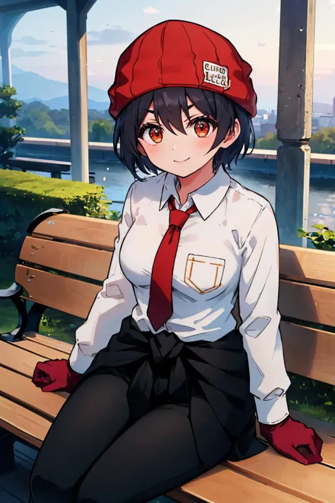 (masterpiece, best quality:1.2), solo, 1girl, izumo fuuko, smile, looking at viewer, sitting, bench, red headwear, beanie, v-shaped eyebrows, collared shirt, white shirt, red necktie, gloves, black pants, clothes around waist <lora:undeadunluck_izumo-10:0.8>