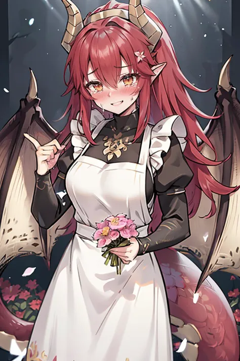 ultra detailed, sharp focus, best quality, masterpiece, <lora:ZentreyaDragon:0.9> ZentreyaDragon, horns, dragon tail, dragon wings, long hair, wide smile, tears of joy, long sleeves, apron, sweater, holding flowers, flower field, flower in hair, heavy blush, best quality, dynamic lighting, masterpiece, intricate details,