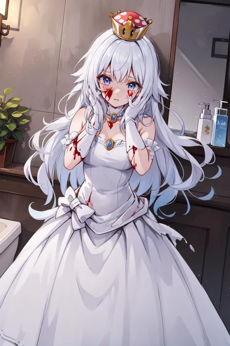 (masterpiece, best quality), intricate details,
1girl, <lora:Boosette_Mario_Anime:0.8> Boosette_Mario, , long hair, white hair, long white dress, ballroom dress, white gloves,
indoors, bathroom, toilet, urinal, torn clothes, blood on face, scared,