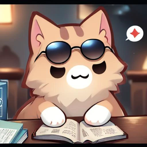 (masterpiece, best quality:1.2),animal focus,no humans,nekoemoji,cat,sunglasses,learning,book,table,sitting,thought bubble,<lora:discord_nekonekonekone-11:1>,