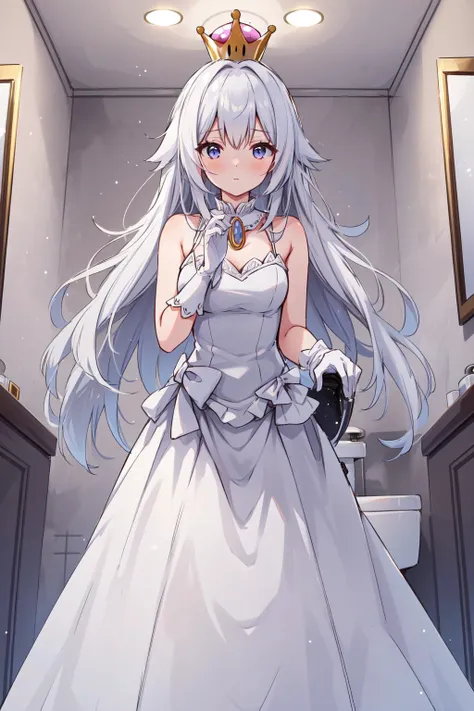 (masterpiece, best quality),  intricate details,
1girl,    <lora:Boosette_Mario_Anime:0.8> Boosette_Mario, , long hair, white hair, long white dress, ballroom dress, white gloves, 
indoors, bathroom, toilet, urinal,