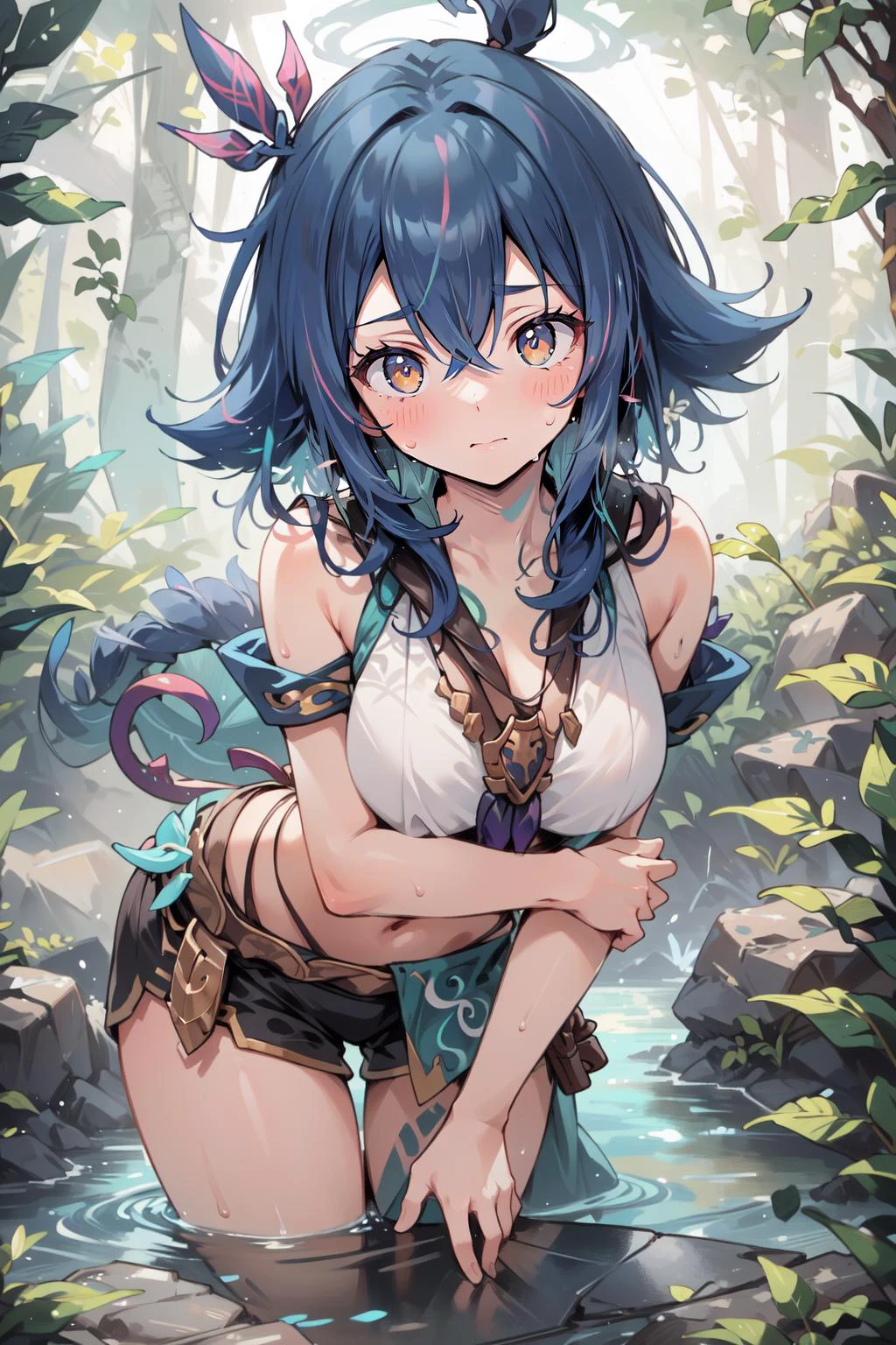 (masterpiece, best quality), intricate details,
1girl, <lora:neeko:0.8> neeko,
jungle, sweating, boob sweat, river, rocks,