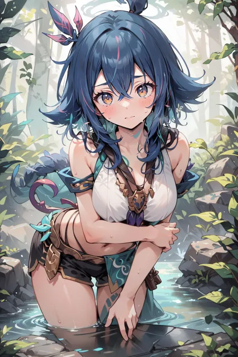 (masterpiece, best quality),  intricate details,
1girl,  <lora:neeko:0.8> neeko, 
jungle, sweating, boob sweat, river, rocks,