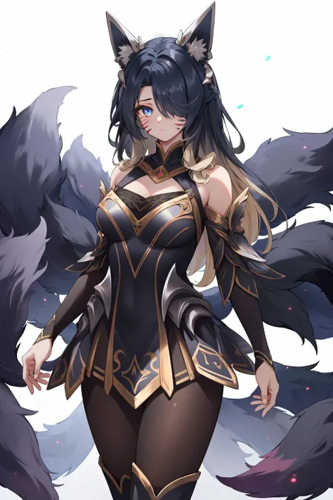 (masterpiece, best quality), intricate details,
1girl, <lora:AhriCoven:0.8> IncrsAhriCoven, facial mark, hair over one eye, fox tail, multiple tails, pantyhose, boots