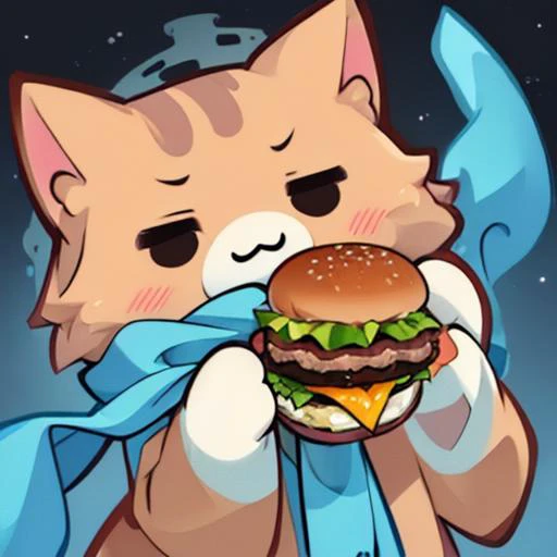(masterpiece, best quality:1.2),animal focus,no humans,nekoemoji,cat,burger,blue scarf,<lora:discord_nekonekonekone:1>,