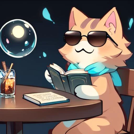 (masterpiece, best quality:1.2),animal focus,no humans,nekoemoji,cat,sunglasses,learning,book,table,sitting,think bubble,<lora:discord_nekonekonekone-11:1>,