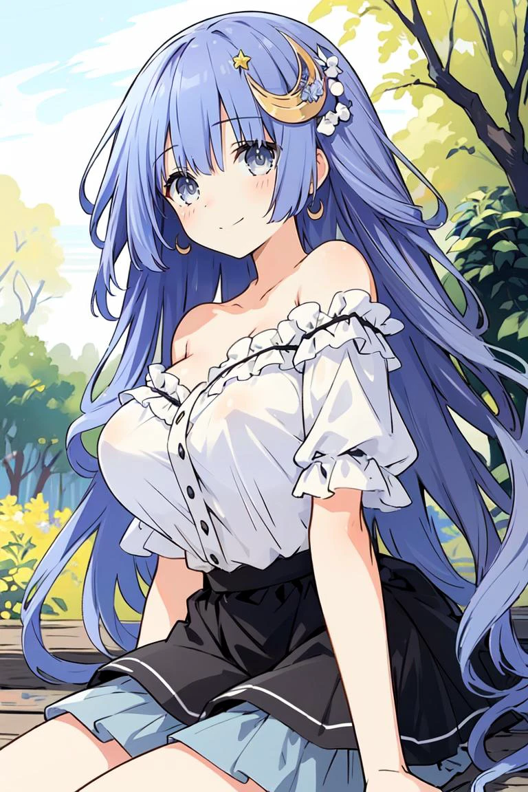 ((best quality, high_resolution, distinct_image)), <lora:IM:0.6>, 1girl,light purple hair,grey eyes,blunt bangs,hime cut, masterpiece, smile, long hair, cowboy shot, outdoors, crescent, crescent hair ornament, sitting, gigantic breasts, narrow waist, <lora:izayoimiku_v2:0.5>,miniskirt, frilled skirt, off shoulder,