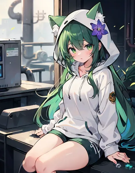 1girl, solo, upper body, energy plant, day, sunny, slouching, green hair, long hair, swept bangs, green eyes, thick, animal hoodie, hotpants, hair flower, indigo flower, kneehighs, medium breasts, speaking, talking