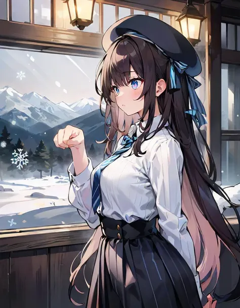 1girl, solo, from side, snowy mountain, indoors, light, paw pose, brown hair, very long hair, asymmetrical bangs, indigo eyes, thick, striped shirt, vertical stripes, high-waist skirt, beret, mini wings, medium breasts, distracted, aloof, oblivious