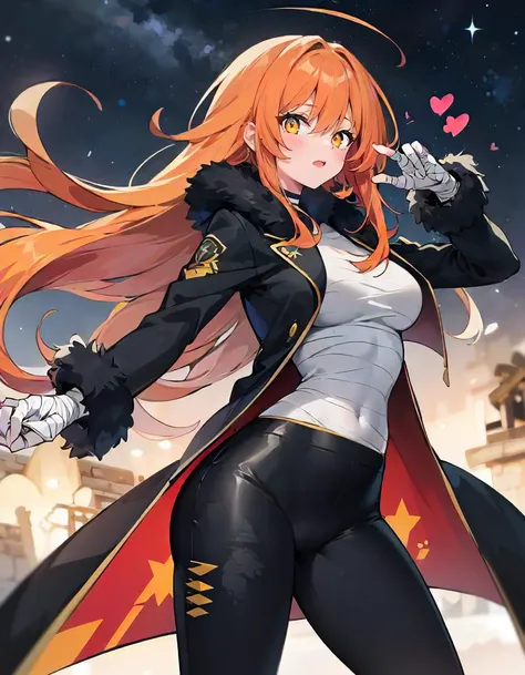 1girl, solo, straight-on, machu picchu, light, (dynamic pose), orange hair, very long hair, hair spread out, starry print eyes, mature female, milf, coat, leather pants, bandages, small breasts, heart eyes