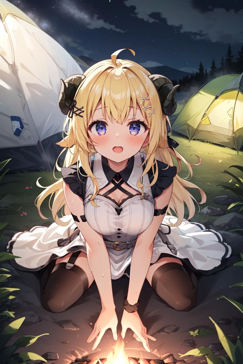 (masterpiece, best quality), intricate details,
1girl,
<lora:CHAR-WatameNF:0.8> WatameNightFever, long hair, ahoge, hairclip, sheep horns, sheep ears, white dress, sleeveless, arm band, thigh strap, black thighhighs, blonde hair,
sweating, boob sweat,
outdoors, night, camping, campfire, tent, from above, on knees,