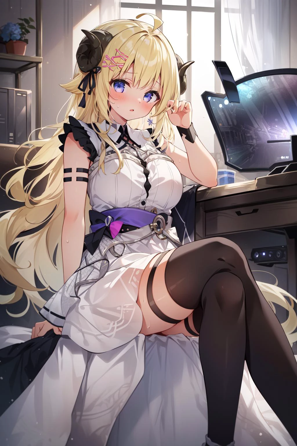 (masterpiece, best quality), intricate details,
1girl,
<lora:CHAR-WatameNF:0.8> WatameNightFever, long hair, ahoge, hairclip, sheep horns, sheep ears, white dress, sleeveless, arm band, thigh strap, black thighhighs
sweating, boob sweat,
indoors, sitting in chair, gaming room,