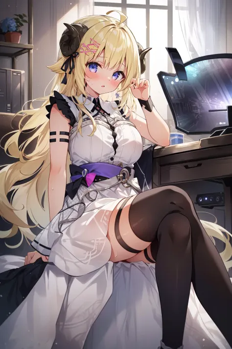 (masterpiece, best quality),  intricate details,
1girl,   
 <lora:CHAR-WatameNF:0.8> WatameNightFever, long hair, ahoge, hairclip, sheep horns, sheep ears, white dress, sleeveless, arm band, thigh strap, black thighhighs
 sweating, boob sweat,
indoors, sitting in chair, gaming room,