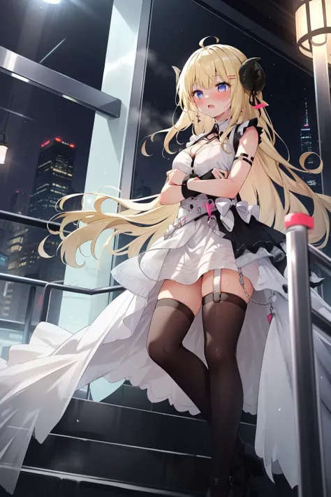(masterpiece, best quality), intricate details,
1girl,
<lora:CHAR-WatameNF:0.8> WatameNightFever, long hair, ahoge, hairclip, sheep horns, sheep ears, white dress, sleeveless, arm band, thigh strap, black thighhighs, blonde hair,
sweating, boob sweat,
indoors, night, shopping mall, railings, elevator, cleavage,