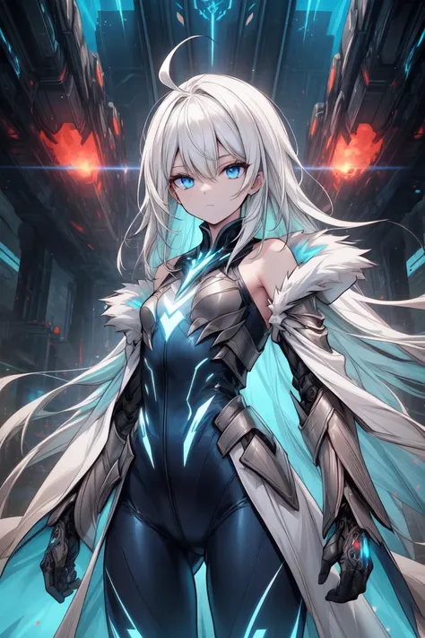 (masterpiece), (science fiction:1.2), 1girl, solo, expressionless, white hair, absurdly long hair, ahoge, blue eyes, (pale skin:0.6), long sleeves, detached sleeves, dynamic lighting, detailed, intricate detail, flat chest, bodysuit, white coat, armored, glow, vibrant, spaceship, technology, standing, blue energy, aura, cowboy shot, skeleton armor, bare shoulders, red color, purple color, blue portal, movie poster, fur-trimmed, <lora:add_detail:1> <lora:r1ge - AnimeRage:0.3>