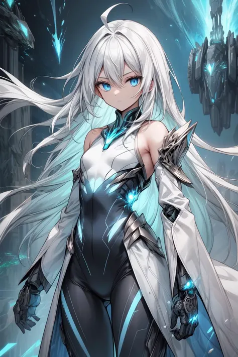 (masterpiece), (science fiction:1.2), 1girl, solo, expressionless, white hair, absurdly long hair, ahoge, blue eyes, (pale skin:0.5), long sleeves, detached sleeves, dynamic lighting, detailed, intricate detail, flat chest, bodysuit, white coat, armored, glow, vibrant, spaceship, technology, standing, blue energy, aura, cowboy shot, skeleton armor, bare shoulders <lora:add_detail:1> <lora:r1ge - AnimeRage:0.3>