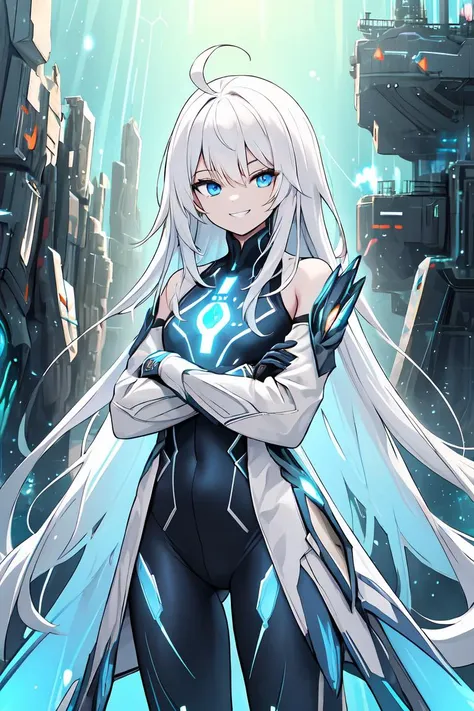 (masterpiece), (science fiction:1.2), 1girl, grin, white hair, absurdly long hair, ahoge, blue eyes, (pale skin:0.5), long sleeves, detached sleeves, dynamic lighting, detailed, intricate detail, flat chest, bodysuit, white coat, armored, glow, vibrant, spaceship, technology, crossed arms, standing, blue energy, aura, cowboy shot