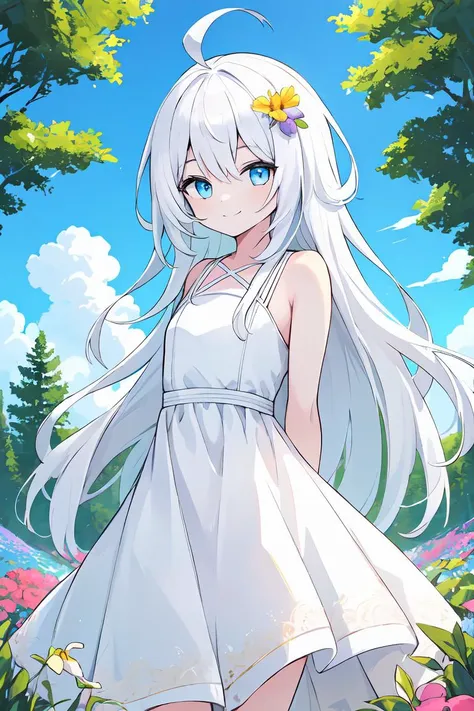 best quality, masterpiece, 1girl, smile, forest, flowers, colorful, white hair, absurdly long hair, ahoge, blue eyes, flat chest, sunny, colorful, (pale skin:0.7), vibrant, looking at viewer, tilted head, white dress, blue sky, clouds, arms behind back