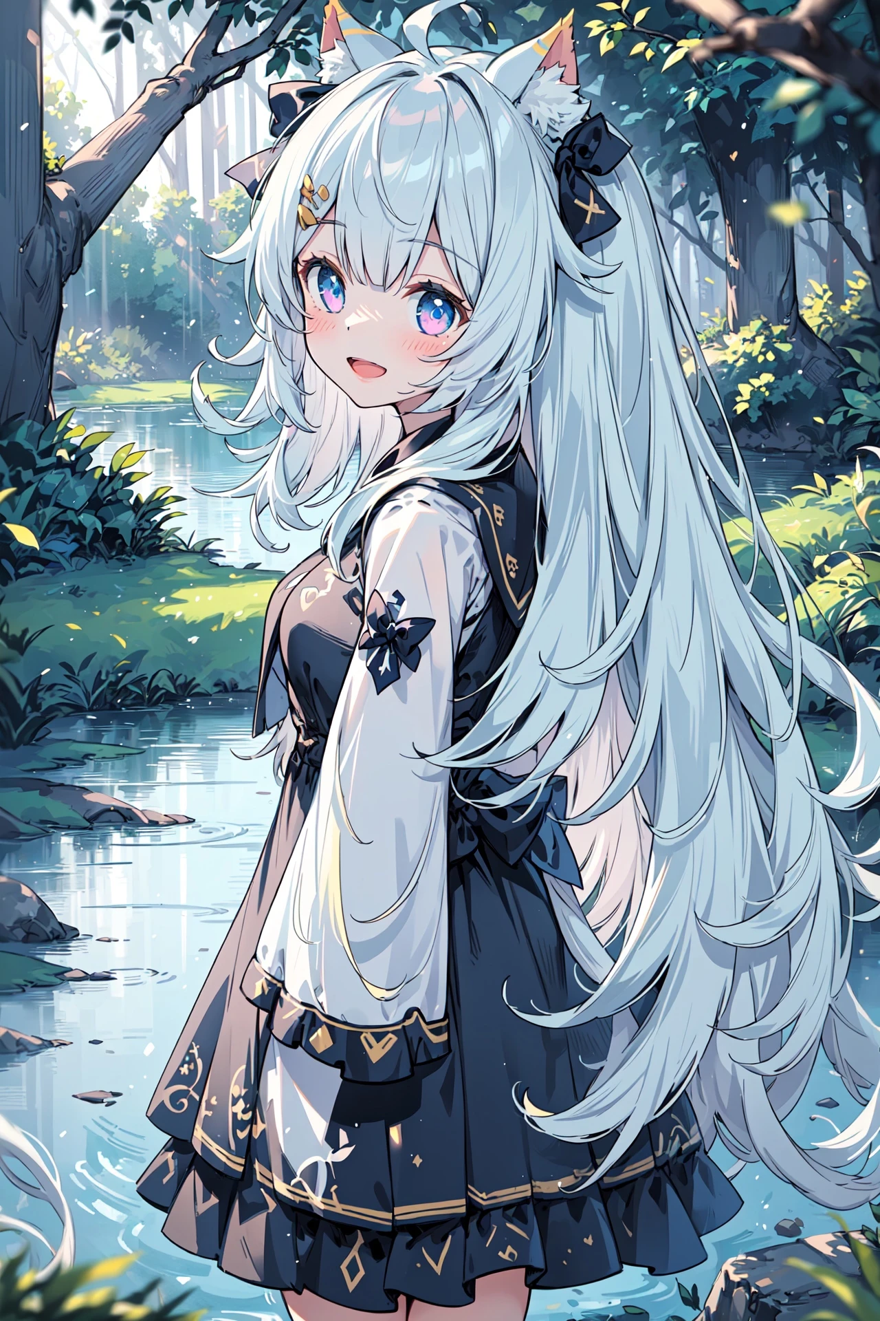 (masterpiece), best quality, scenery, nature, sunlight, dappled sunlight, light particles, lake, 1girl, blush, open mouth, smile, white hair, long hair, hair ribbon, cowboy shot dynamic lighting, intricate detail,