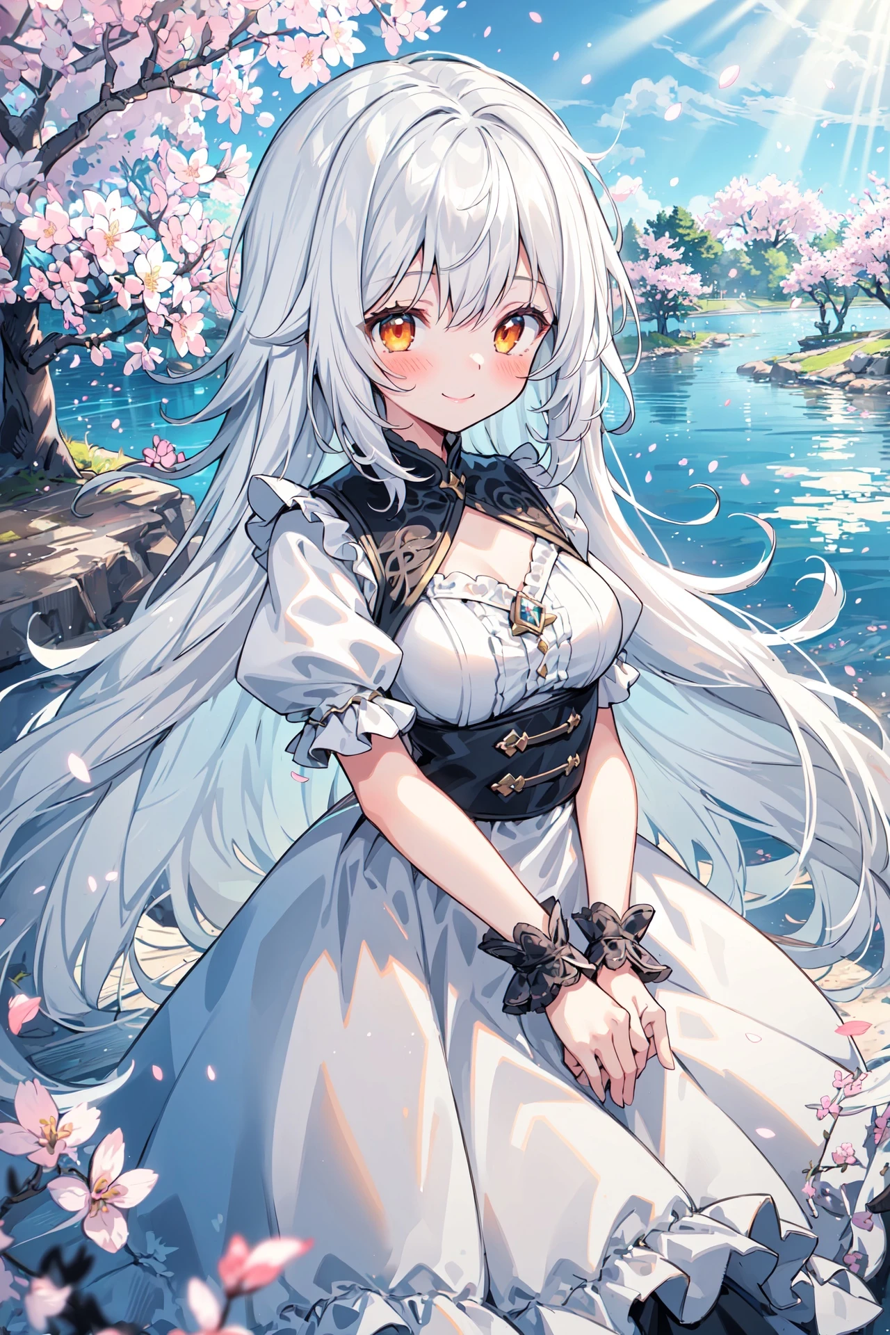 (best quality:1.05), 1girl, outdoors, cherry blossoms, sun rays, lake, dappled sunlight, light particles, light rays, blush, smile, very long hair, white hair, orange eyes, white dress, puffy sleeves, frills, medium breasts, dynamic lighting, intricate detail,