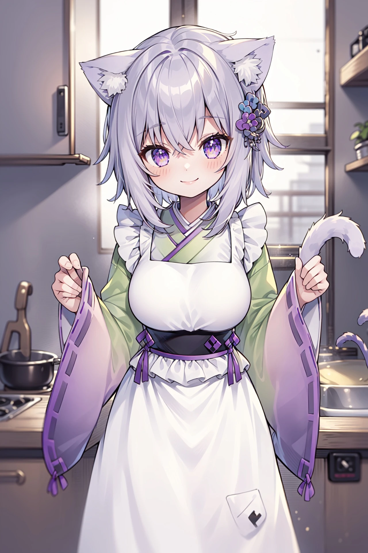 best quality,1girl, okayunewyears, kimono, japanese clothes, wide sleeves, white apron, hair ornament, cat tail, smiling, kitchen, dynamic lighting, intricate detail, <lora:nekomata okayu 6 outfits:1>