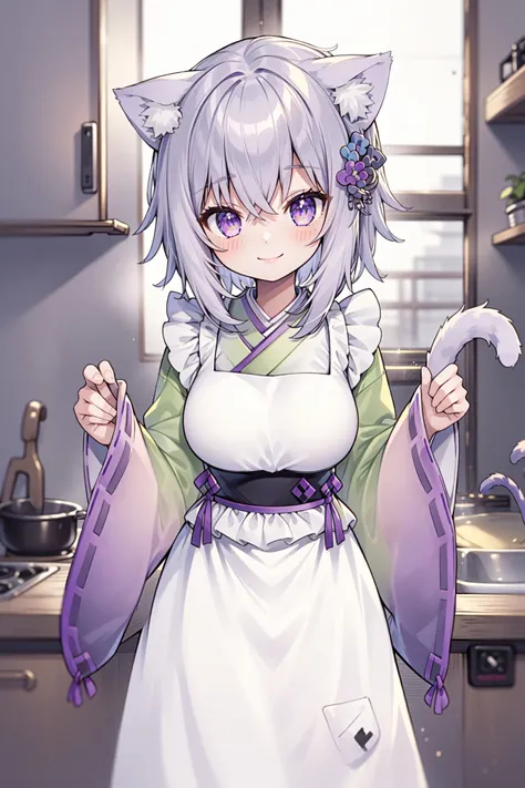 best quality,1girl, okayunewyears, kimono, japanese clothes, wide sleeves, white apron, hair ornament, cat tail, smiling, kitchen,  dynamic lighting, intricate detail,  <lora:nekomata okayu 6 outfits:1>