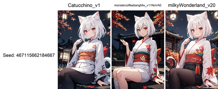 best quality,girl sitting in a Japanese-style garden, featuring white,red and orange lights,wearing a futuristic kimono,white hair,red eyes,smile,cat ears,falling autumn leaves,night  dynamic lighting, intricate detail