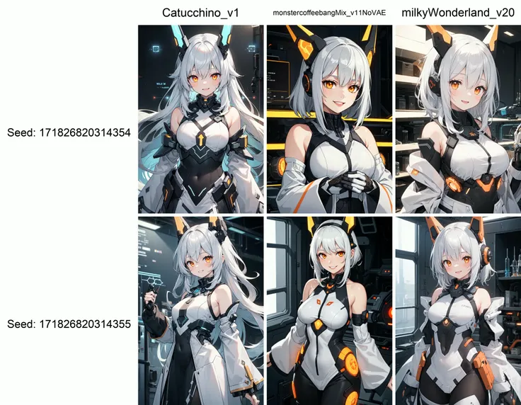 (masterpiece), (science fiction:1.2), 1girl, wild smile, silver hair, orange eyes, headgear, long sleeves, detached sleeves, dynamic lighting, detailed, intricate detail