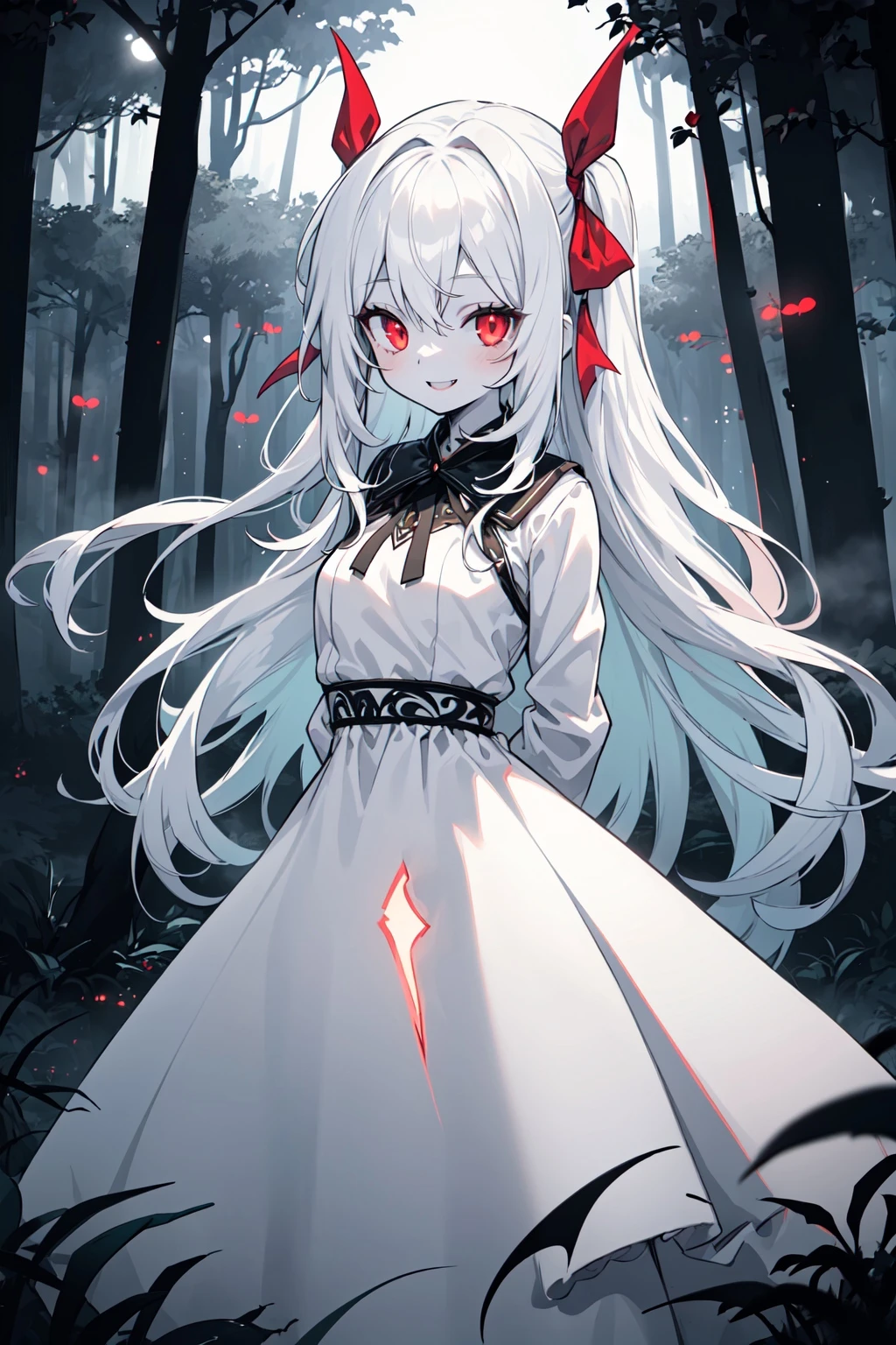 best quality, fantasy, colorful, forest, night, dawn, fog, 1girl, long white hair, glowing red eyes, vampire, wide smile, hair ribbon, red ribbon, white dress, arms behind back, pale skin, dynamic lighting, intricate detail,
