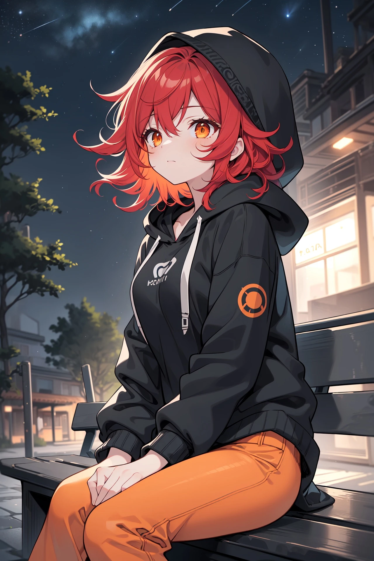 best quality,1girl, dark, night, sitting on bench, backyard, vibrant night sky, looking up, messy hair, red hair, orange eyes, summer night, hoodie, capri pants, hood up, dynamic lighting, intricate detail,